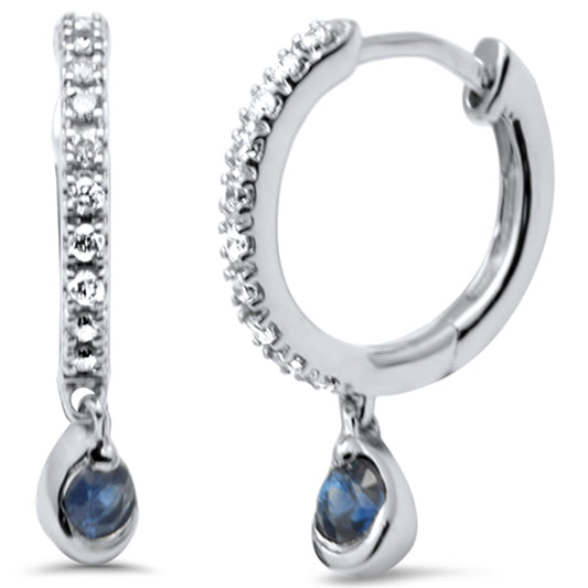 Muse Jewelry .24ct G SI 14K White Gold Diamond & Blue Sapphire Gemstone Petite Hoop Earrings Post & Click