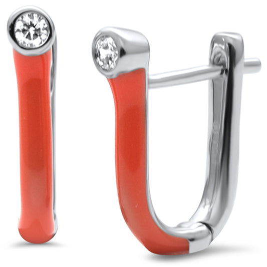 Muse Jewelry .08ct G SI 14K White Gold Diamond & Orange Enamel Hoop Earrings