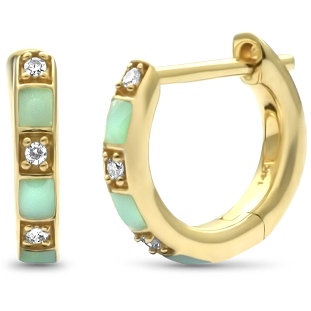 Muse Jewelry .04ct G SI 14K Yellow Gold Diamond & Turquoise Enamel Hoop Earrings