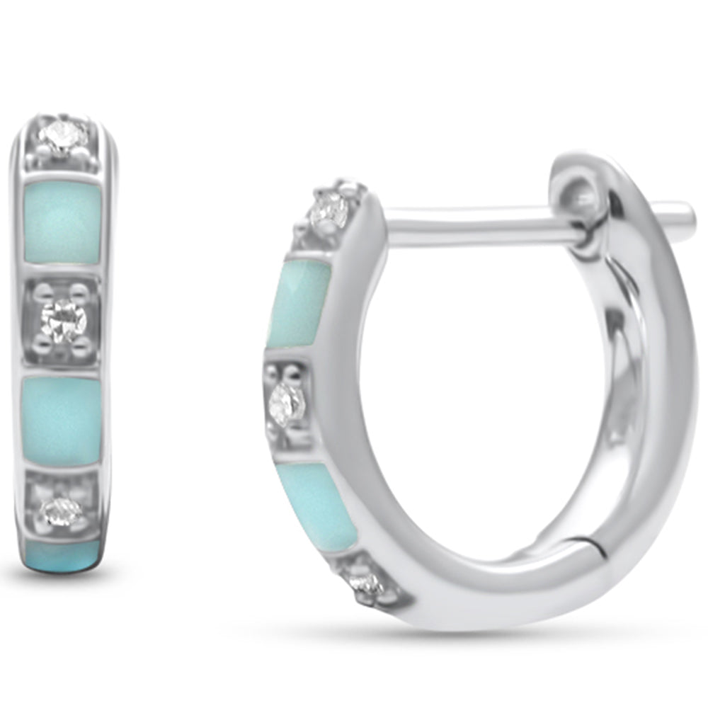 Muse Jewelry .04ct G SI 14K White Gold Petite Diamond & Turquoise Enamel Hoop Earrings