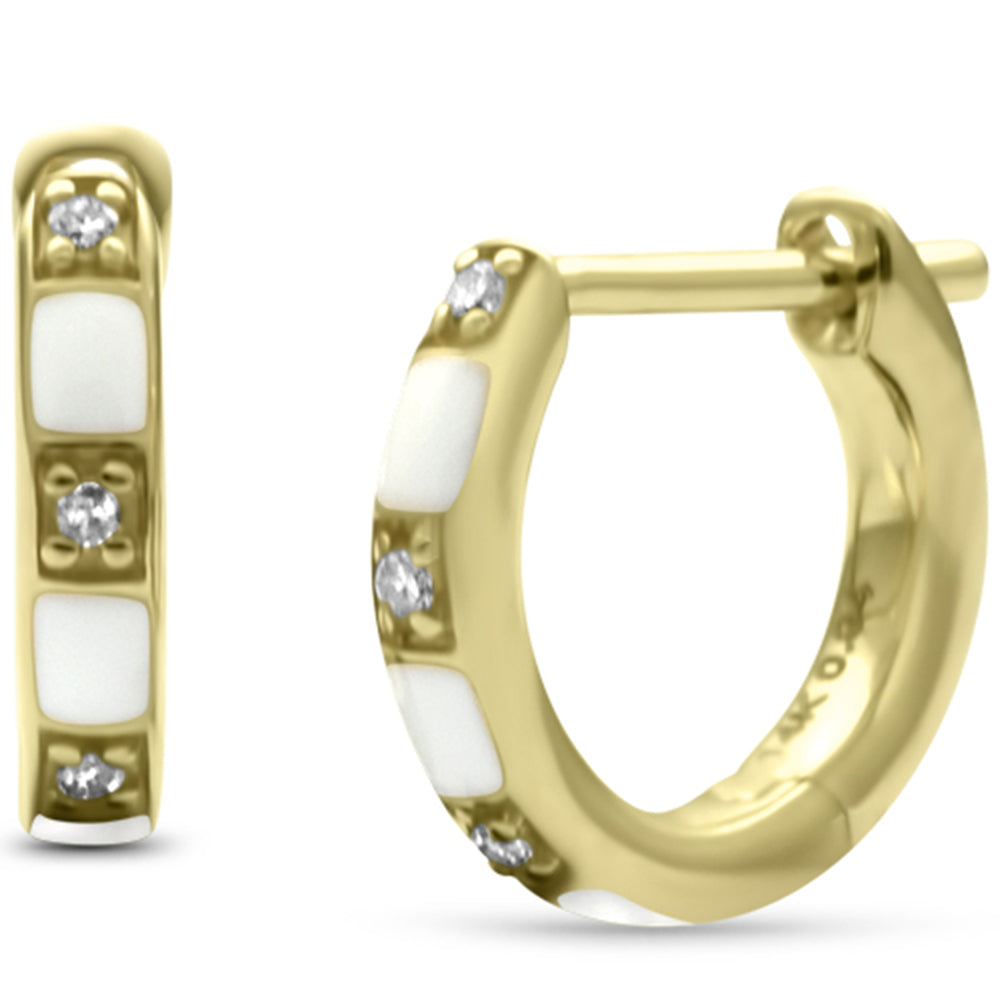 Muse Jewelry .04ct G SI 14K Yellow Gold Diamond & White Enamel Petite Hoop Earrings