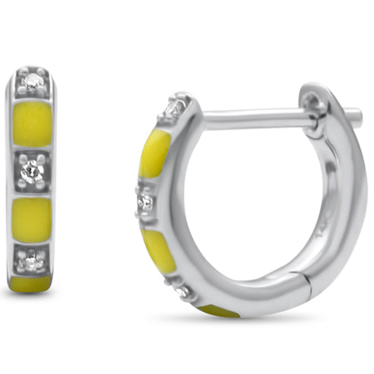 Muse Jewelry .04ct G SI 14K White Gold Diamond & Yellow Enamel Hoop Earrings