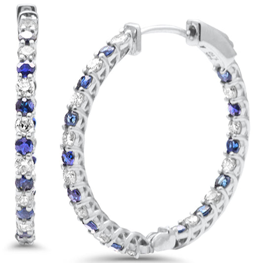 Muse Jewelry 2.18ct G SI 14K White Gold Diamond & Blue Sapphire Hoop Earrings Post&Click
