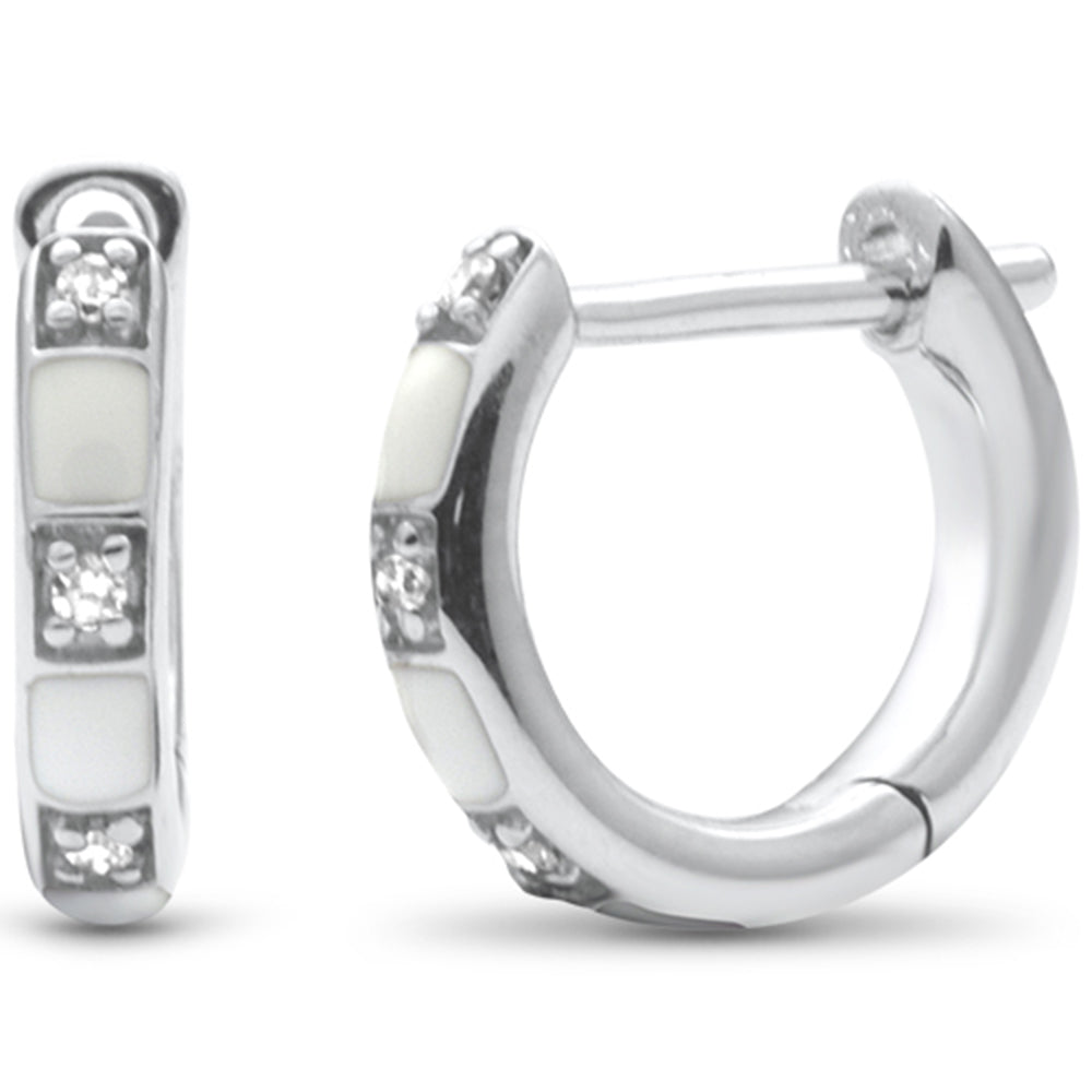 Muse Jewelry .04ct G SI 14K White Gold Diamond & White Enamel Hoop Earrings