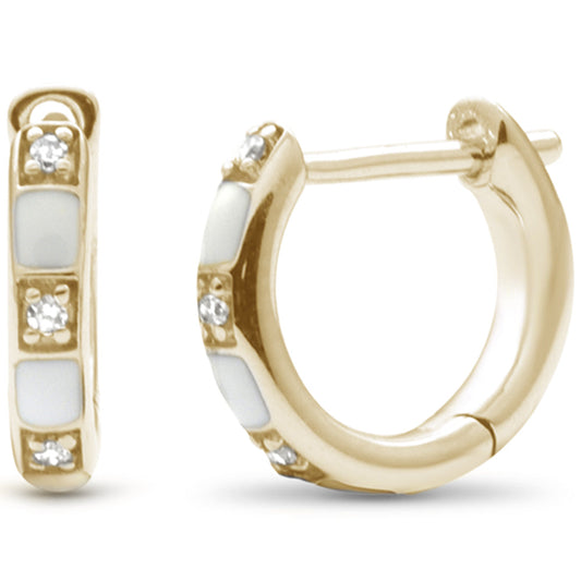 Muse Jewelry .04ct G SI 14K Yellow Gold Diamond & White Enamel Hoop Earrings