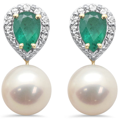 Muse Jewelry 5.49ct G SI 14K Yellow Gold Diamond & Emerald Gemstones & Pearl Dangling Earrings