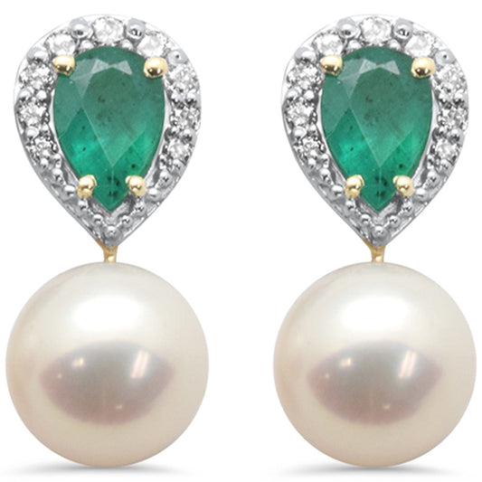 Muse Jewelry 5.49ct G SI 14K Yellow Gold Diamond & Emerald Gemstones & Pearl Dangling Earrings