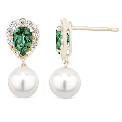 Muse Jewelry 5.49ct G SI 14K Yellow Gold Diamond & Emerald Gemstones & Pearl Dangling Earrings