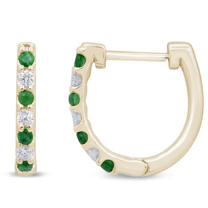 Muse Jewelry .21ct G SI 14K Yellow Gold Diamond & Emerald Gemstones Petite Hoop Earrings