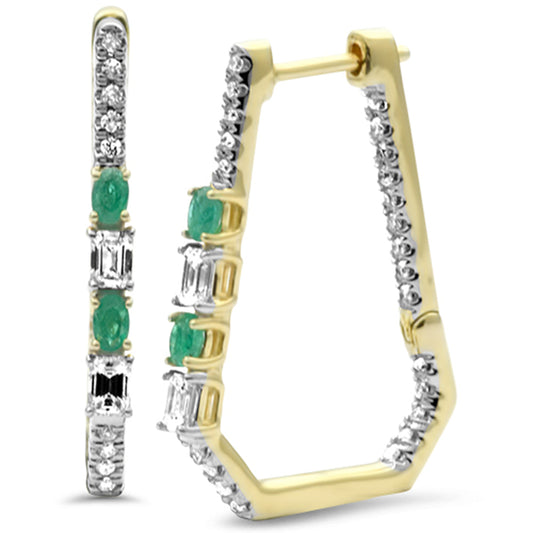 Muse Jewelry .98ct G SI 14K Yellow Gold Diamond & Emerald Gemstones Hoop Earrings