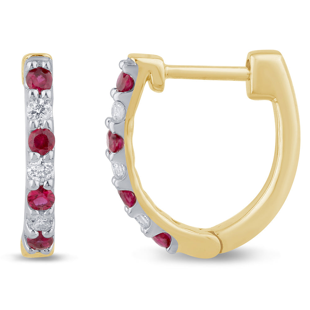 Muse Jewelry .24ct G SI 14K Yellow Gold Diamond & Ruby Gemstones Hoop Earrings