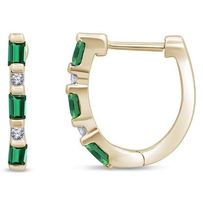 Muse Jewelry .20ct G SI 14K Yellow Gold Diamond & Natural Emerald Gemstones Hoop Earrings