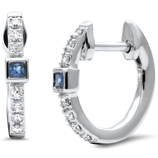 Muse Jewelry .16ct G SI 14K White Gold Diamond & Blue Sapphire Gemstones Petite Hoop Earrings