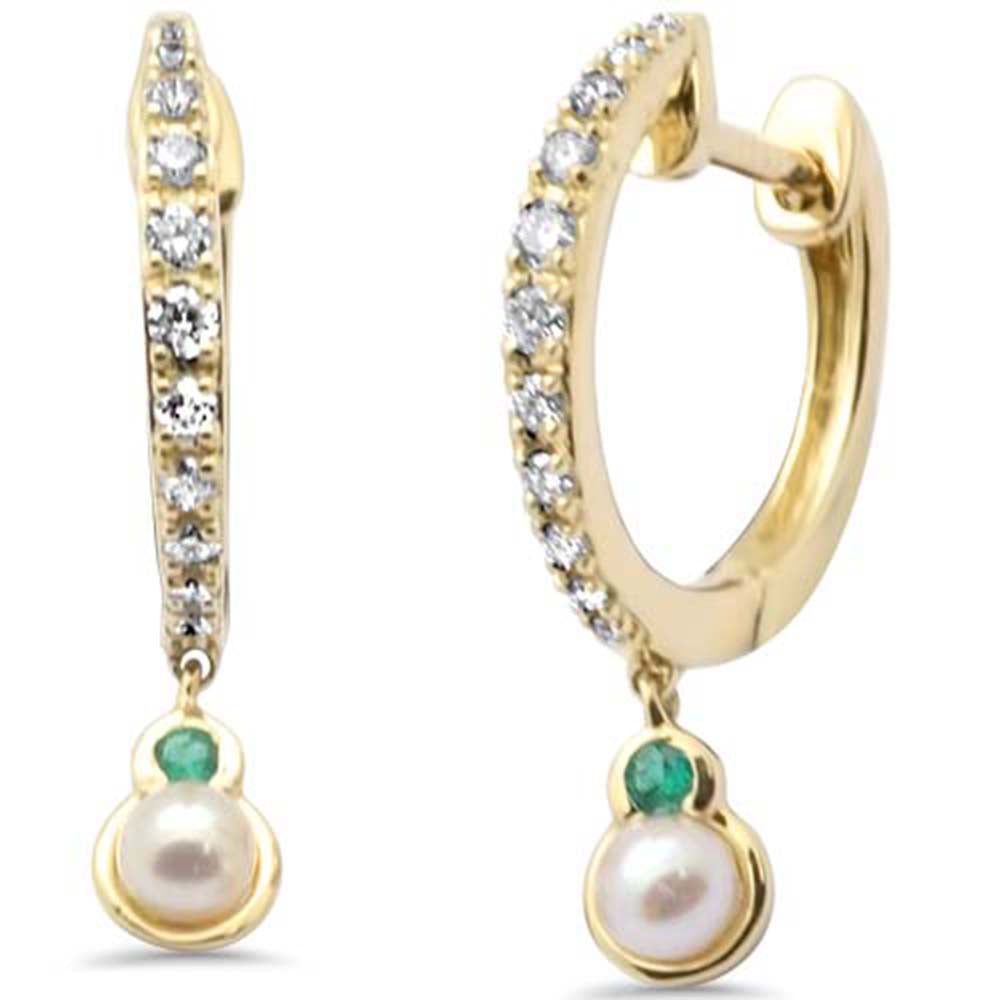 Muse Jewelry .21ct G SI 14K Yellow Gold Diamond Emerald Gemstone & Pearl Dangling Hoop Earrings