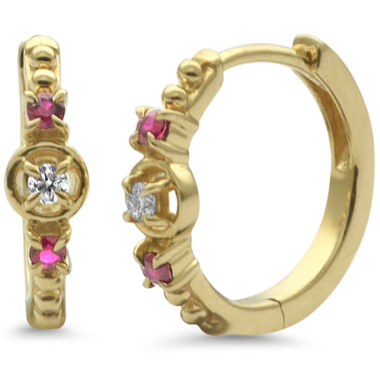 Muse Jewelry .19ct G SI 14K Yellow Gold Diamond & Ruby Gemstone Petite Hoop Earrings