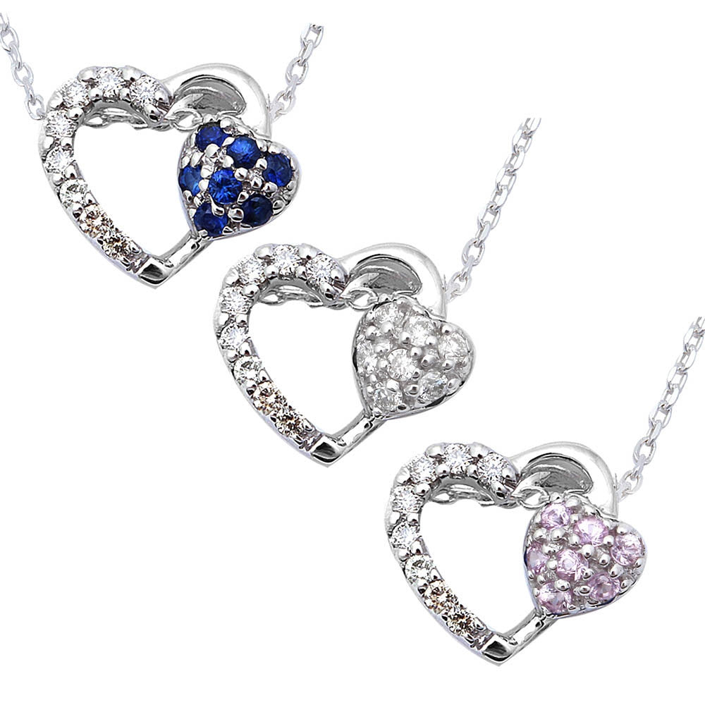 Muse Jewelry .12ct Heart Cut Diamond, Pink or Blue Sapphire Pendant Necklace 18" 14kt Chain