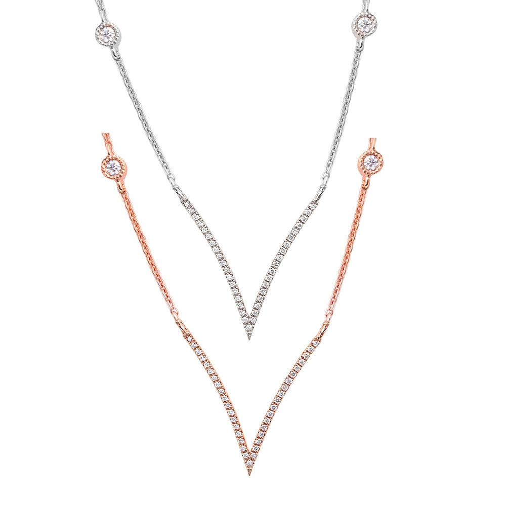 Muse Jewelry .11ct V Cut Modern Diamond Pendant 14kt White-Rose Gold 17" Diamond Bezel Chain