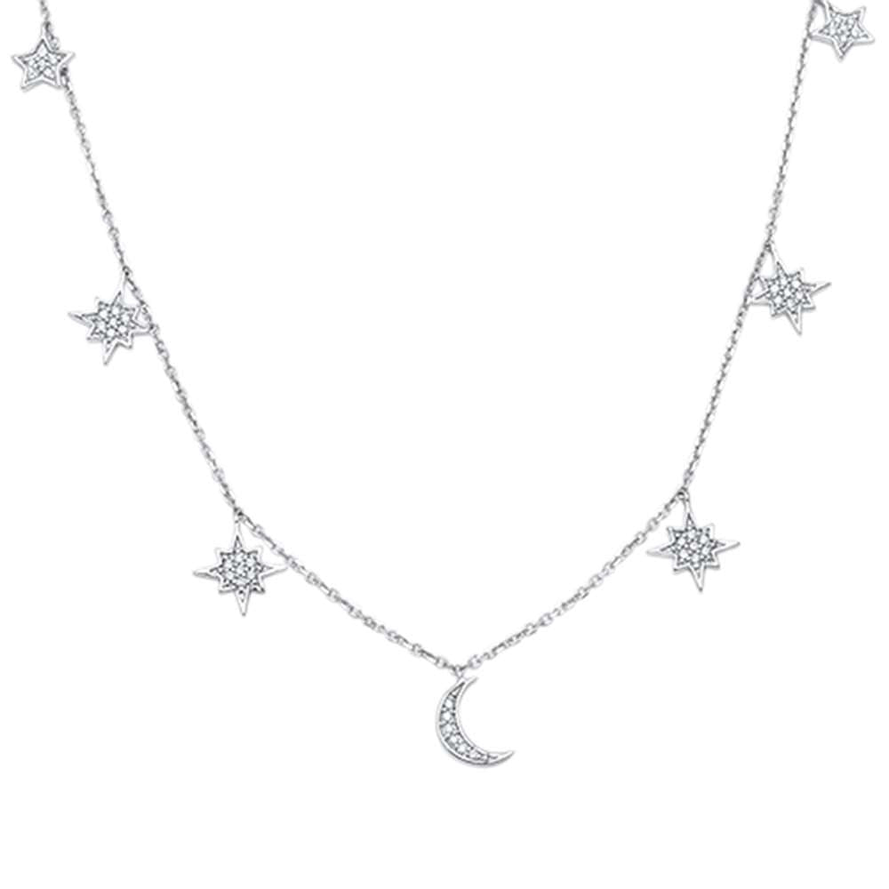 Muse Jewelry .18ct 14kt White Gold Crescent Moon & Stars Diamond Pendant Necklace 18"