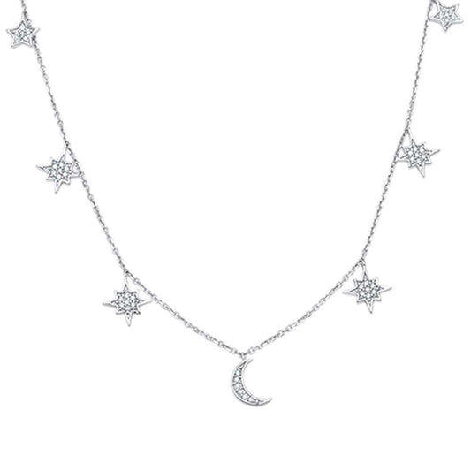 Muse Jewelry .18ct 14kt White Gold Crescent Moon & Stars Diamond Pendant Necklace 18"