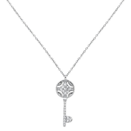 Muse Jewelry .08cts 14kt White Gold Round Diamond Key Pendant Necklace 18" Long