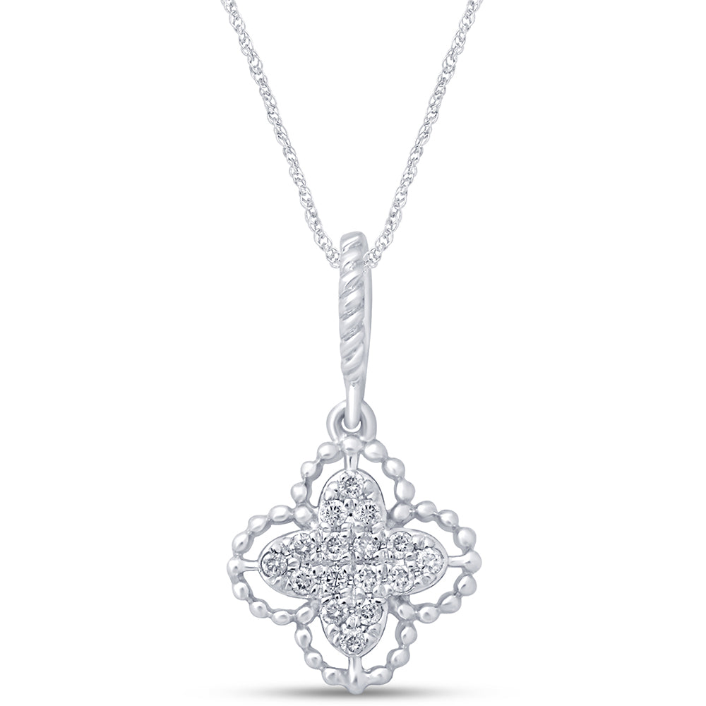 Muse Jewelry .09cts 14kt White Gold Round Diamond Quatrefoil Pendant Necklace 18" Long