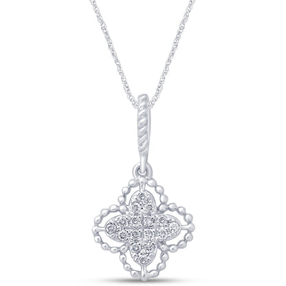 Muse Jewelry .09cts 14kt White Gold Round Diamond Quatrefoil Pendant Necklace 18" Long