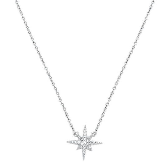 Muse Jewelry .10cts 14kt White Gold Round Diamond Starburst Pendant Necklace 16+2" Ext Long