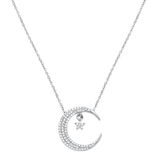 Muse Jewelry .17cts 14kt White Gold Round Diamond Crescent Moon Pendant Necklace 18"