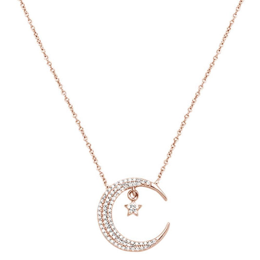 Muse Jewelry .16ct 14k Rose Gold Crescent Moon Star Diamond Pendant Necklace 18" Long