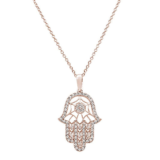 Muse Jewelry .25ct 14k Rose Gold Diamond Hand of Hamsa Chai Pendant Necklace 18"Long