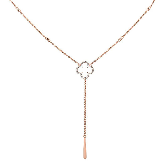 Muse Jewelry .16cts 14k Rose Gold Diamond Clover Drop Lariat Pendant Necklace 18"