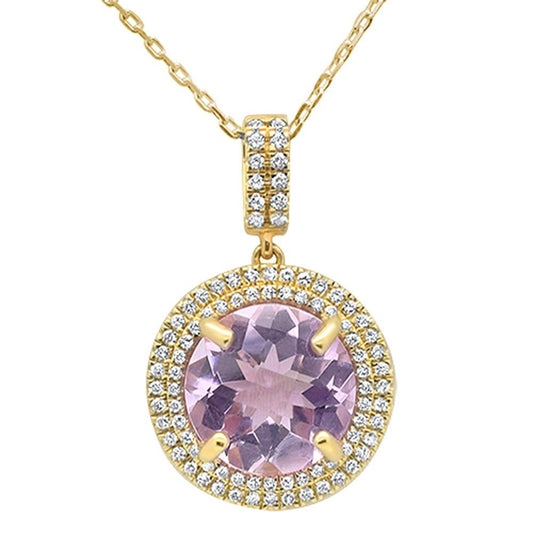 Muse Jewelry 3.25ct 10k Yellow Gold Round Pink Amethyst & Diamond Pendant Necklace 18"