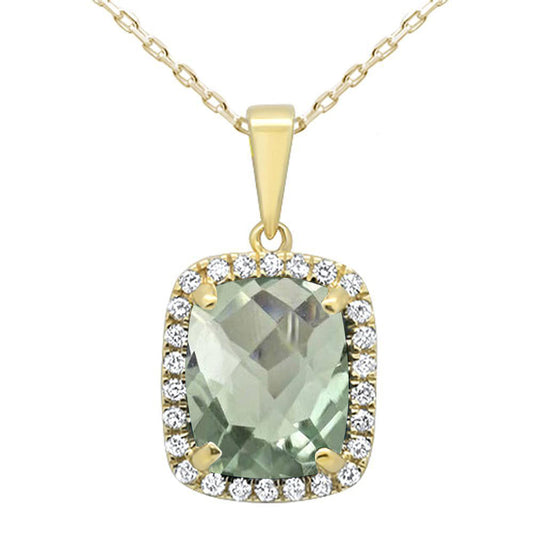 Muse Jewelry 2.82ct Cushion Cut Green Amethyst 10k Yellow Gold Diamond Pendant Necklace