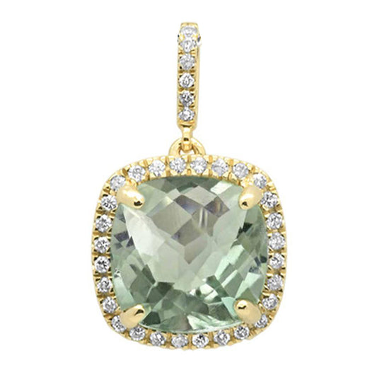 Muse Jewelry 4.21ct 10k Yellow Gold Cushion Green Amethyst Diamond Pendant