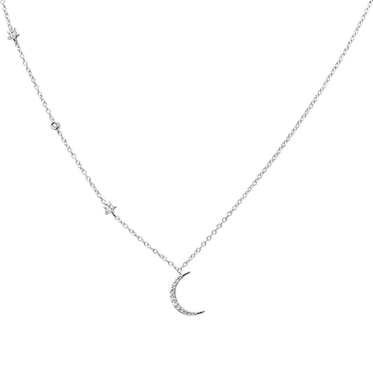 Muse Jewelry .11ct 14k White Gold Diamond Star Crescent Moon Trendy Necklace 18"