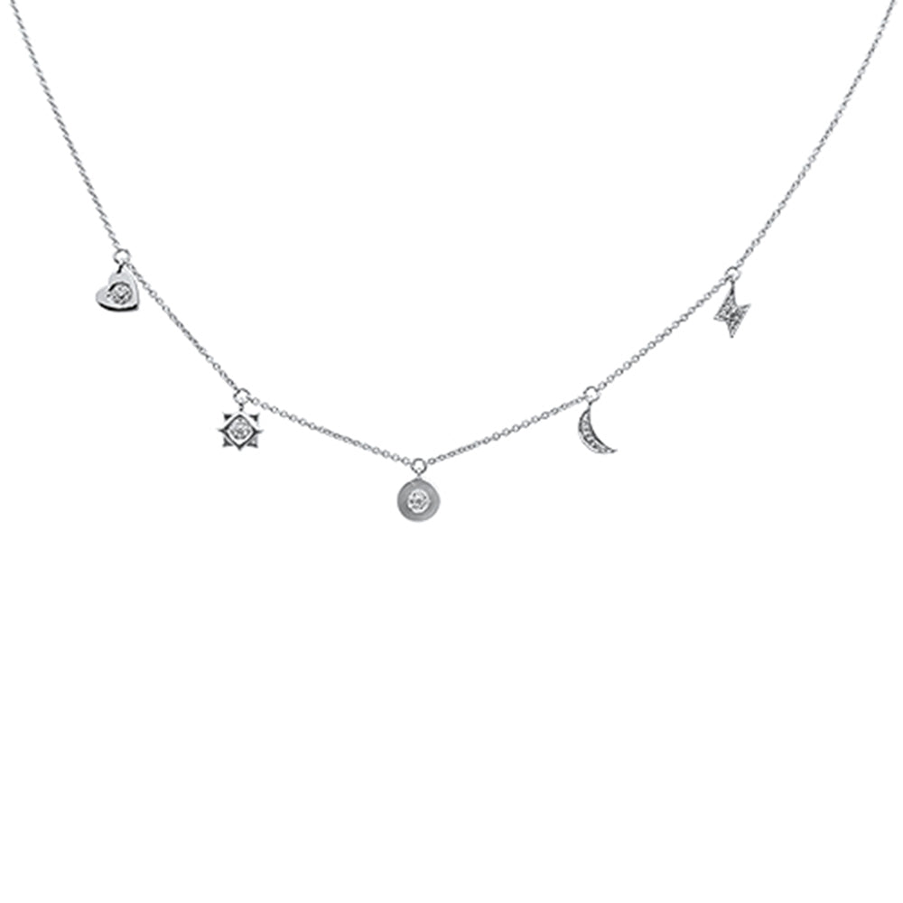 Muse Jewelry .07ct 14kt White Gold Diamond Moon Star Heart Charm Pendant Necklace 16"+2"