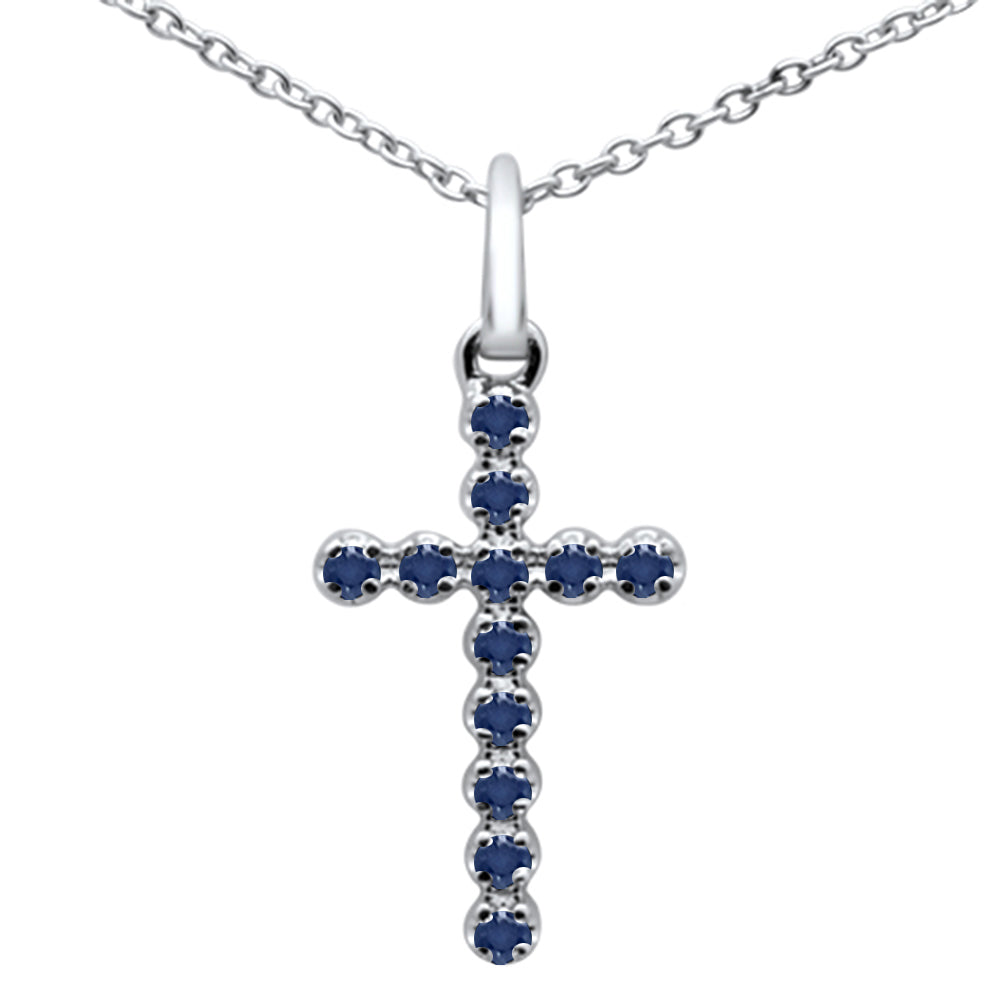 Muse Jewelry .14ct G SI 14K White Gold Blue Sapphire Cross Pendant Necklace 16+2" Ext.