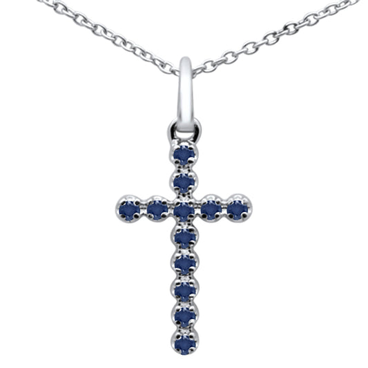 Muse Jewelry .14ct G SI 14K White Gold Blue Sapphire Cross Pendant Necklace 16+2" Ext.