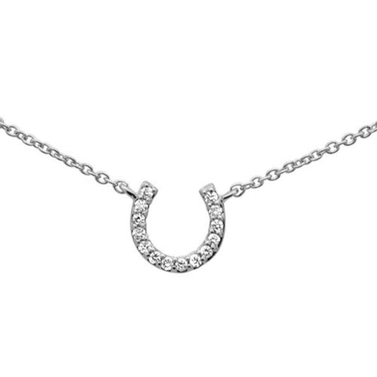 Muse Jewelry .05CT G SI 14K White Gold Diamond Horse Shoe Good Luck Pendant Necklace 16" + 2" Ext