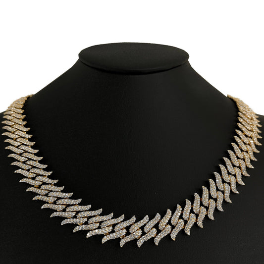 Muse Jewelry 18mm 32.85ct G SI 14K Yellow Gold Spiked Round Diamond Cuban Necklace 22"