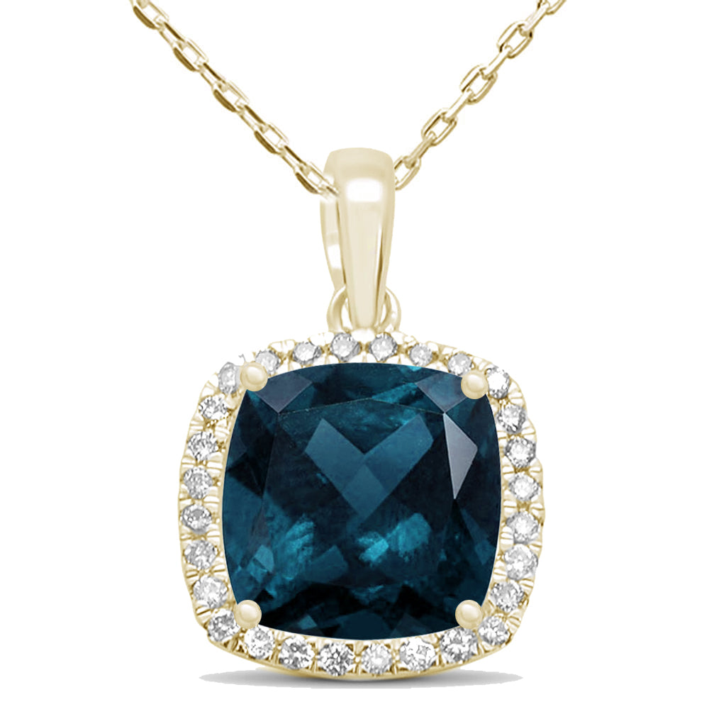 Muse Jewelry 3.91ct 10k Yellow Gold Blue Topaz & Diamond Cushion Pendant