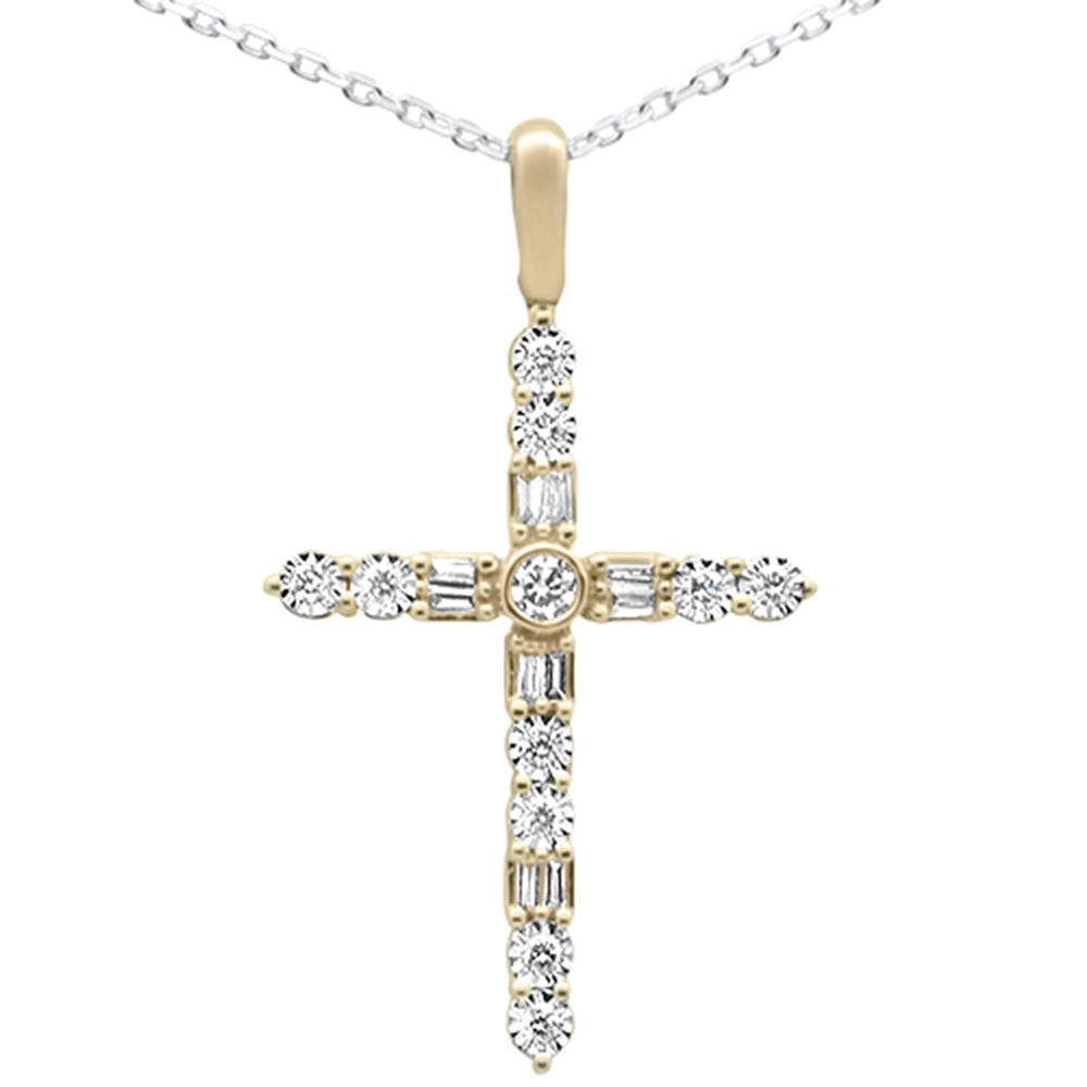 Muse Jewelry .25ct G SI 14K Yellow Gold Diamond Cross Baguette & Round Pendant 18" Long Chain