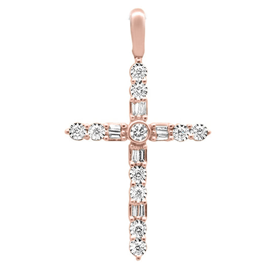 Muse Jewelry .25ct G SI 14K Rose Gold Diamond Cross Baguette & Round Pendant