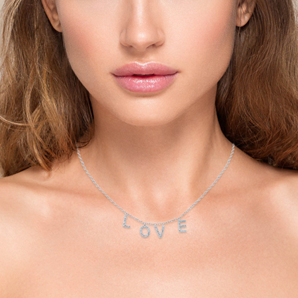 Muse Jewelry .13ct G SI 14K White Gold Diamond Heart "Love" Script Letters Pendant Necklace 18" Long