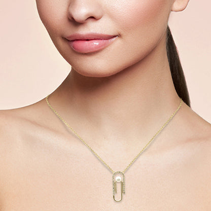 Muse Jewelry .10ct G SI 14K Yellow Gold Diamond Pearl Paperclip Style Pendant Necklace