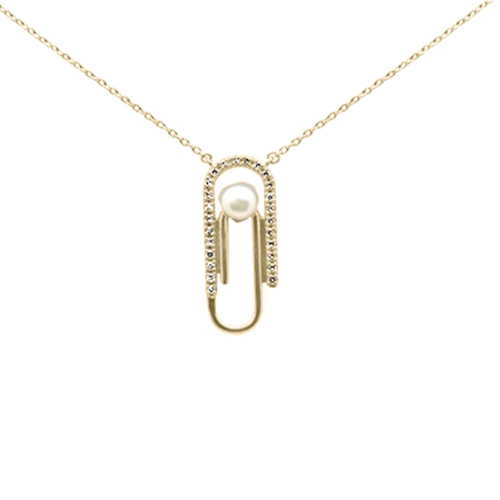 Muse Jewelry .10ct G SI 14K Yellow Gold Diamond Pearl Paperclip Style Pendant Necklace