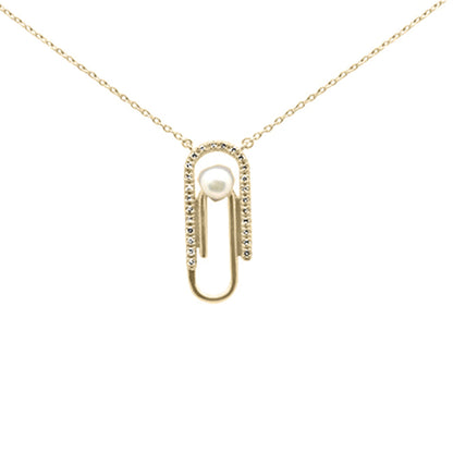 Muse Jewelry .10ct G SI 14K Yellow Gold Diamond Pearl Paperclip Style Pendant Necklace