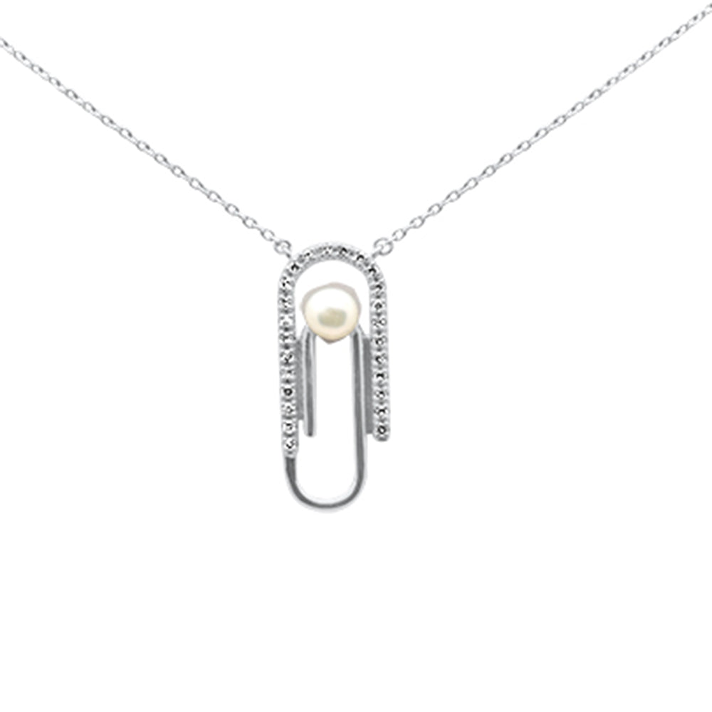 Muse Jewelry .10ct G SI 14K White Gold Diamond Pearl Paperclip Style Pendant Necklace