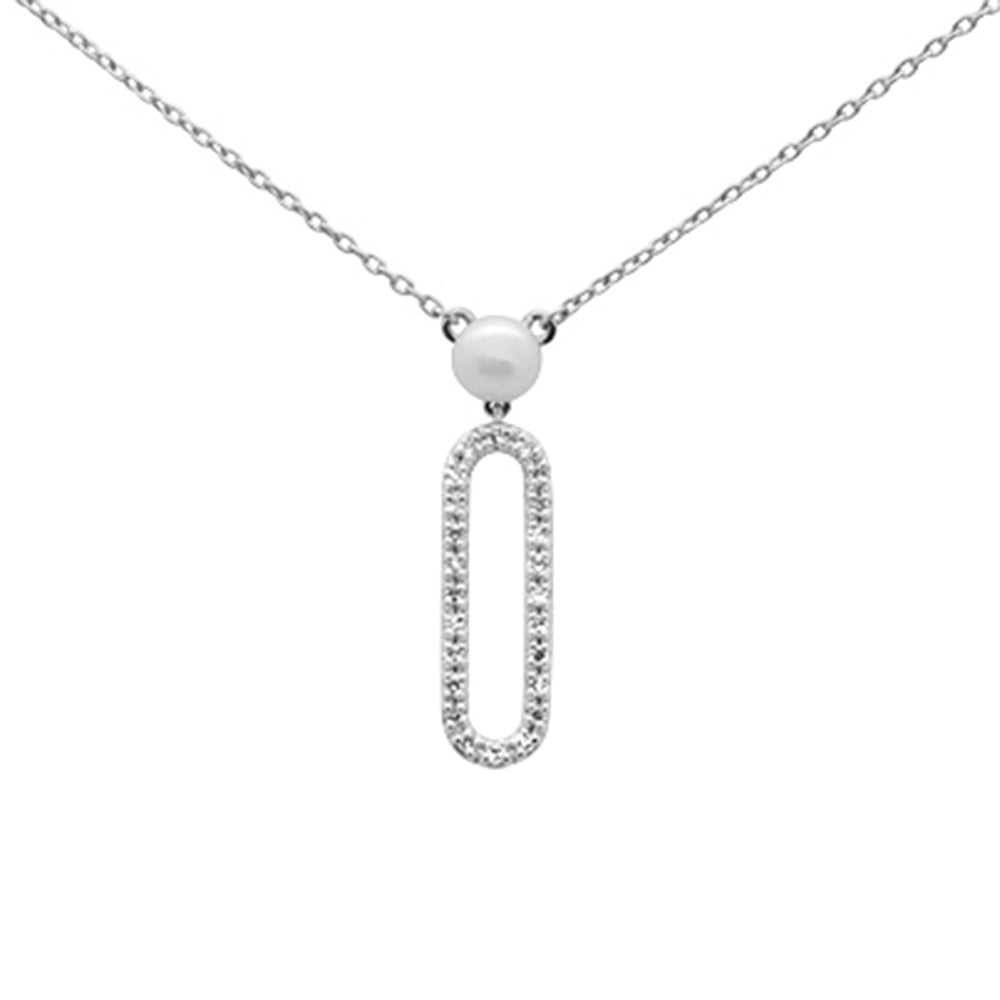 Muse Jewelry .10ct G SI 14K White Gold Diamond Pearl & Diamond Paperclip Pendant Necklace