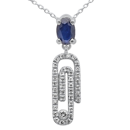 Muse Jewelry .82ct G SI 14K White Gold Oval Blue Sapphire Gemstone & Diamond Paperclip Pendant Necklace 18"